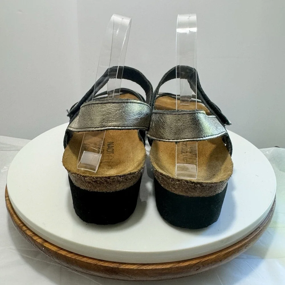 Naot Leather Strappy Boho Wedge Hook Loop‎ Cork Comfort Sandals 42 Gold Black